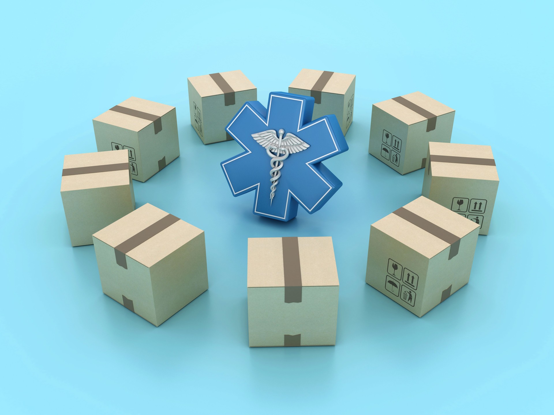 Medical Symbol Caduceus with Cardboard Boxes